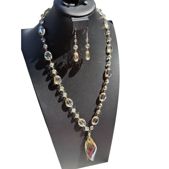 Art Deco Czech AB Crystal Bead Necklace & Earrings Set Flapper Statement - Picture 7 of 9